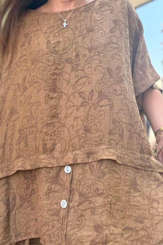 Tasha Damask Cap Sleeve Button Top Walnut